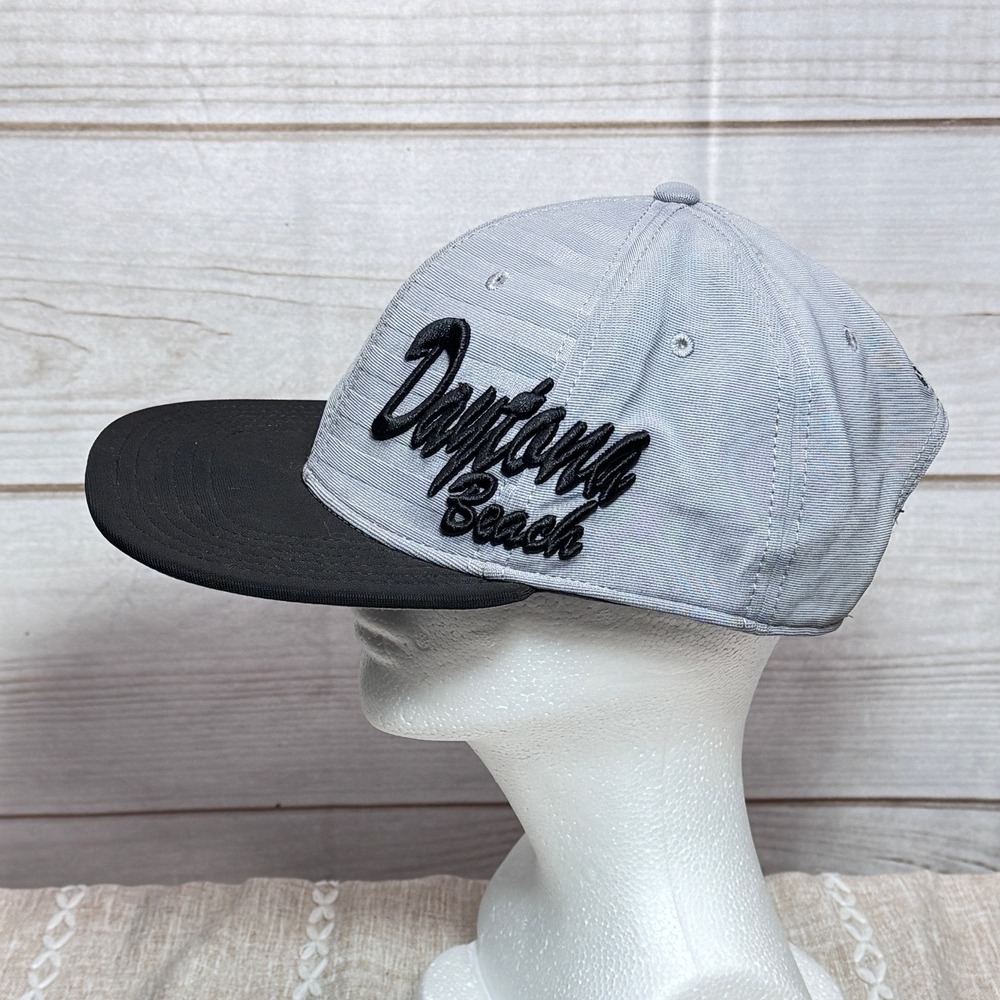 Daytona Beach Snapback‎ Hat Gray Black Flat Brim Stars Stripes Script Logo Cap